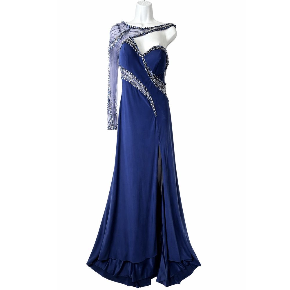 TONY BOWLS Blue Beaded One Shoulder Prom Gown - Picture 2 of 16